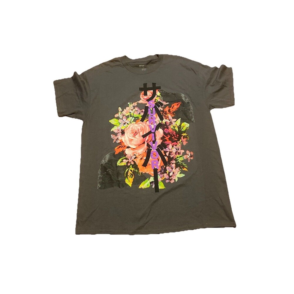 NWOT Nova Men Survivor Graphic T-Shirt L Charcoal Floral Rose Skull Streetwear